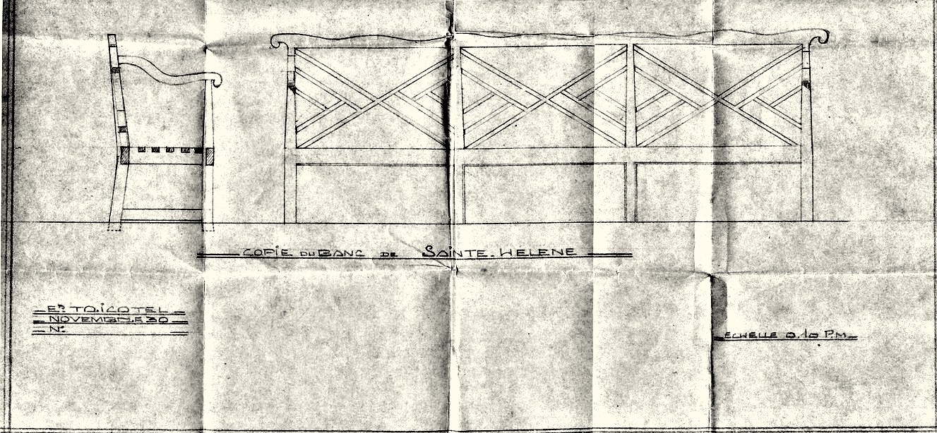 Gefaltete Bleistiftzeichnung auf Transparentpapier: links das Seitenprofil, rechts die Vorderansicht der Bank mit drei Gitterfeldern. Die Aufschrift Copie du Banc de Sainte-Hélène, ein Ateliersstempel und das Datum Novembre 30.